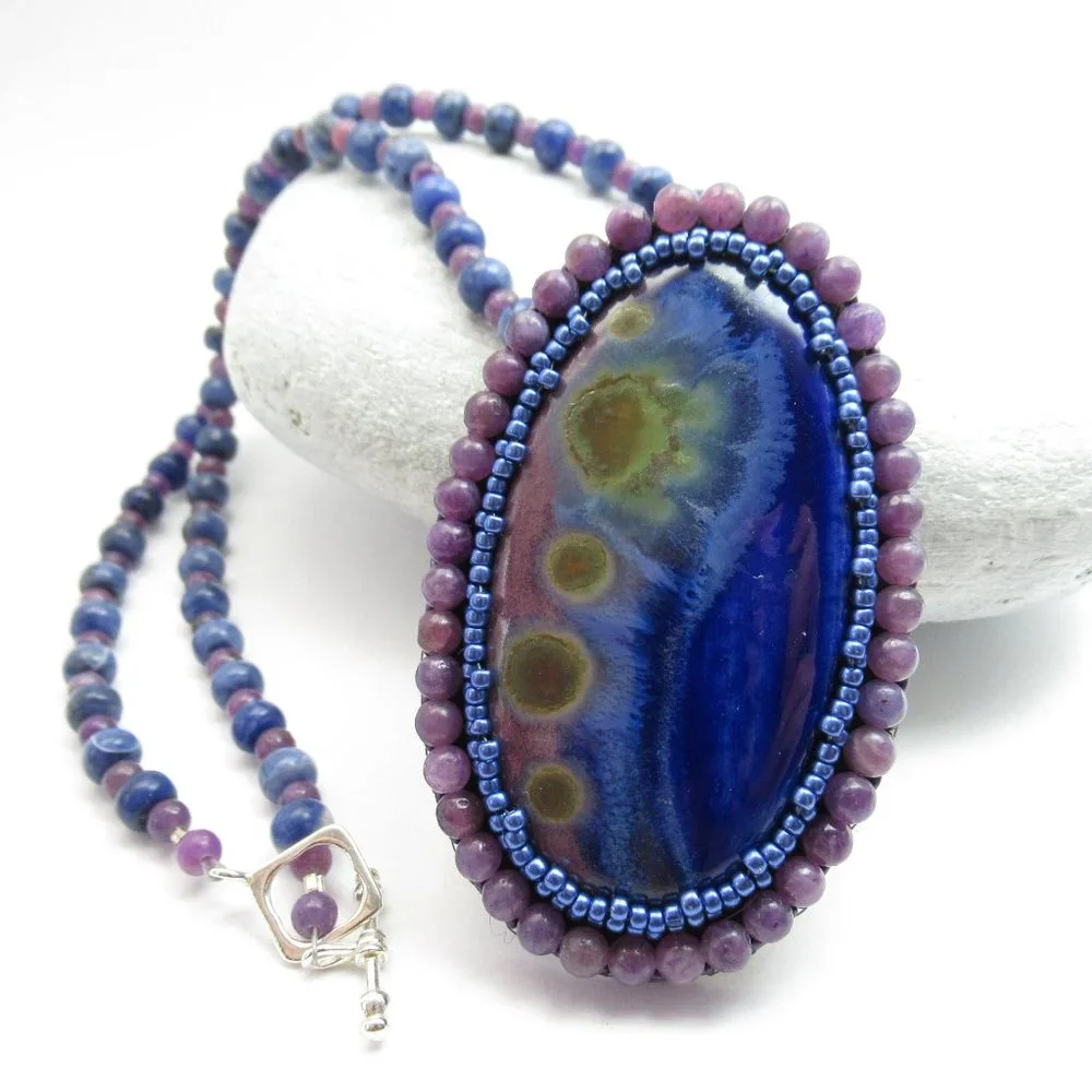Artisan Bead embroidered cabochon on Sodalite and Lepidolite necklace